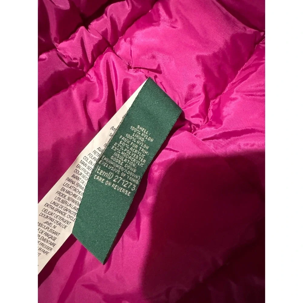 LL Bean Girls M 10-12 Puffer Jacket Hot Pink Faux Fur Hooded Zip up Snow Jacket